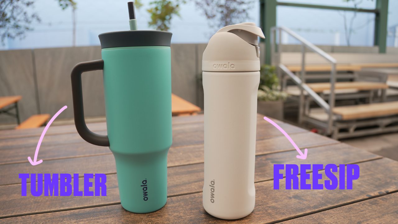 Owala tumbler on the left and owala freesip on the right